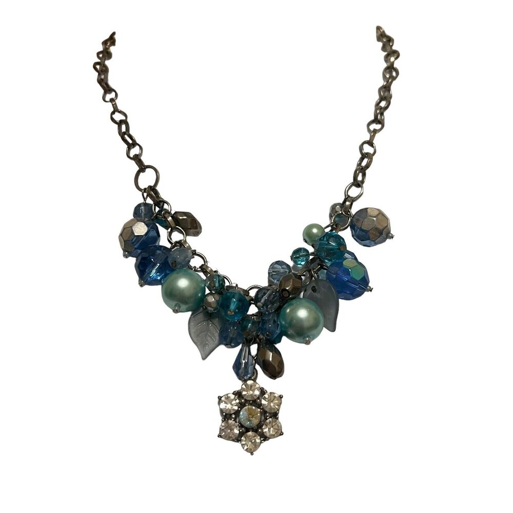 🌵 Vintage Metal Blue Tone Faux Rhinestones & Pearls Flower Statement Necklace